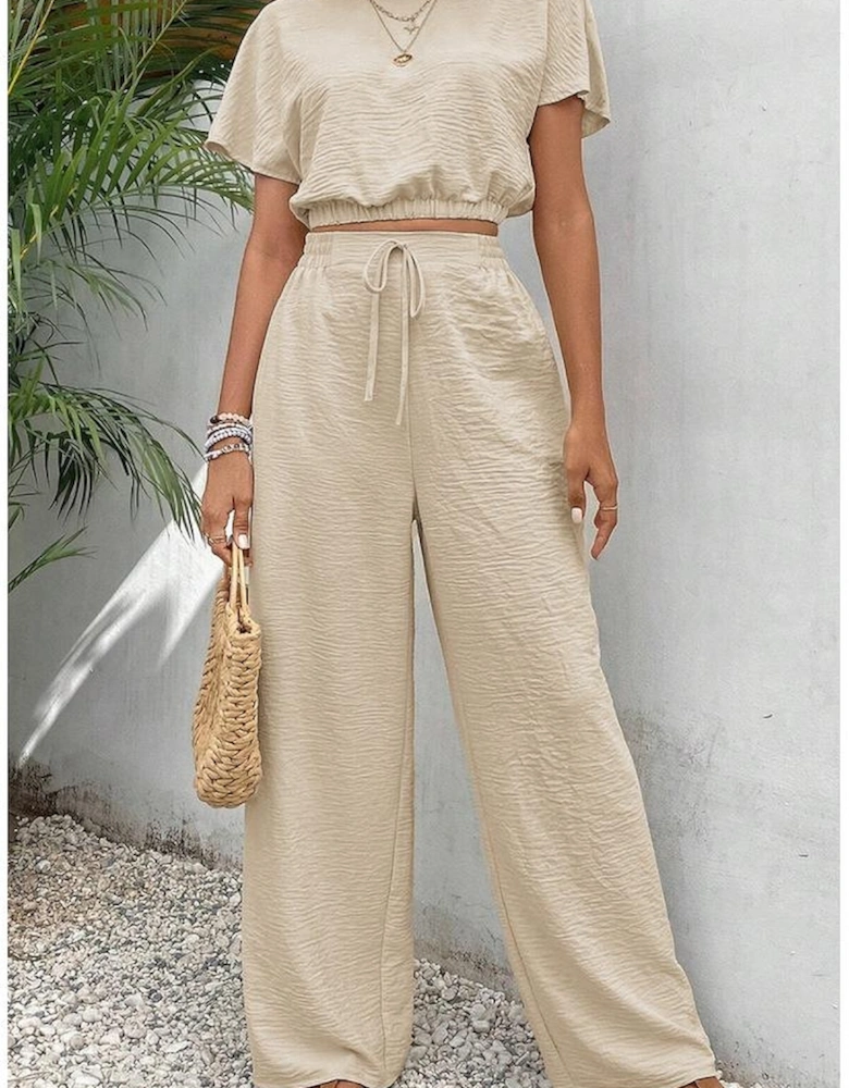Beige Crinkled Elastic Hem Crop Tee and Wide Leg Pants Set