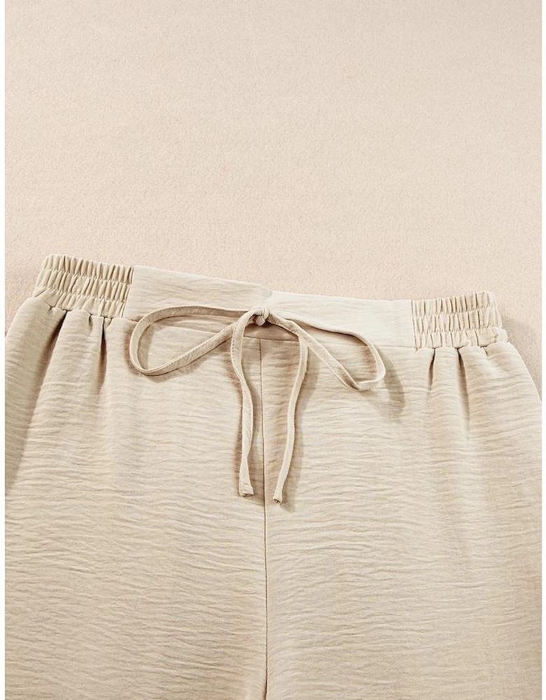 Beige Crinkled Elastic Hem Crop Tee and Wide Leg Pants Set