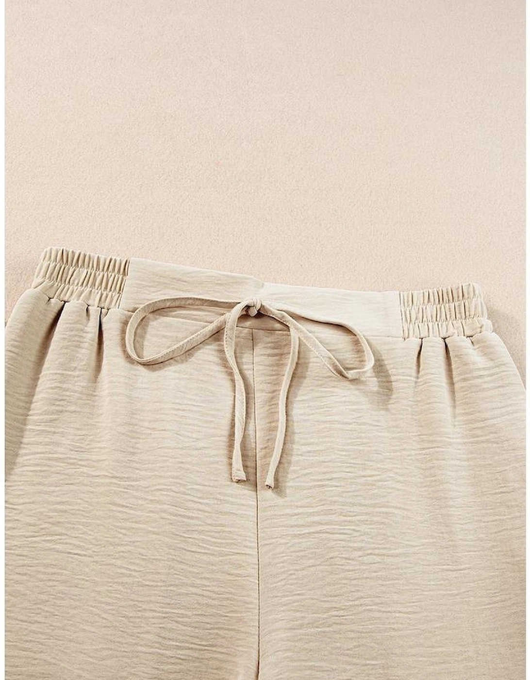 Beige Crinkled Elastic Hem Crop Tee and Wide Leg Pants Set