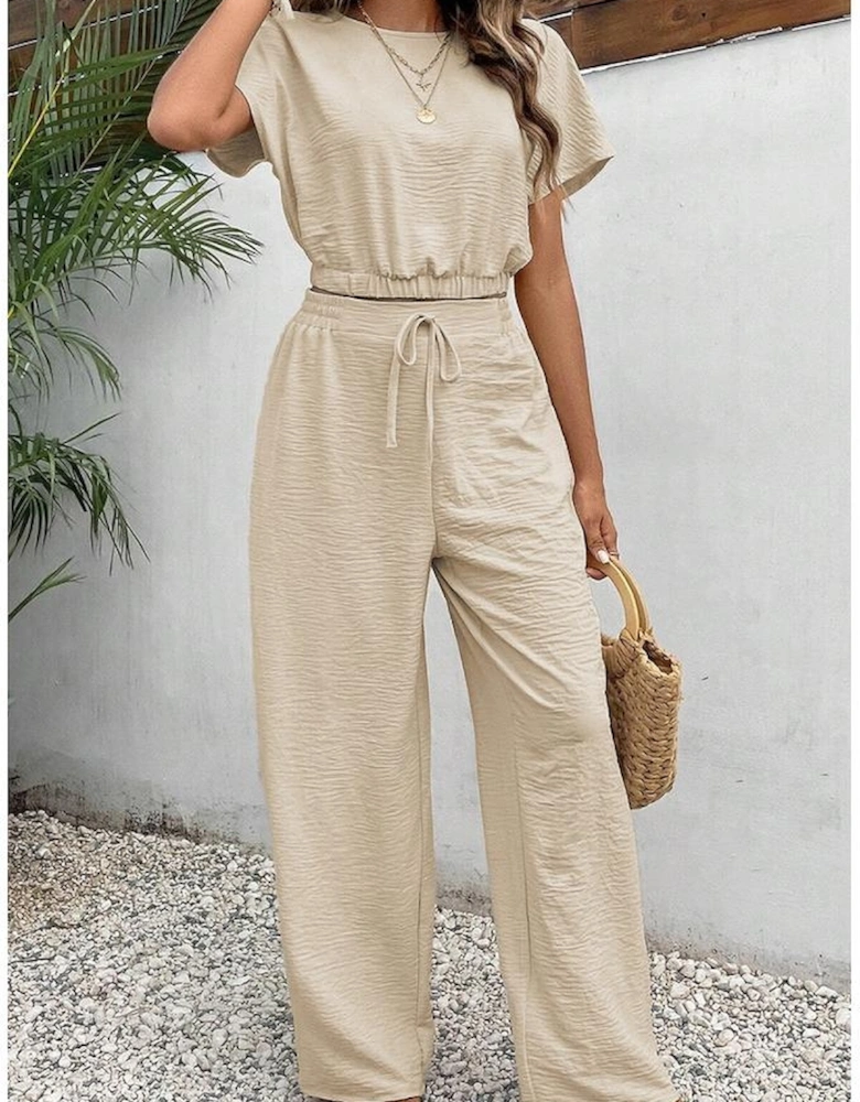 Beige Crinkled Elastic Hem Crop Tee and Wide Leg Pants Set