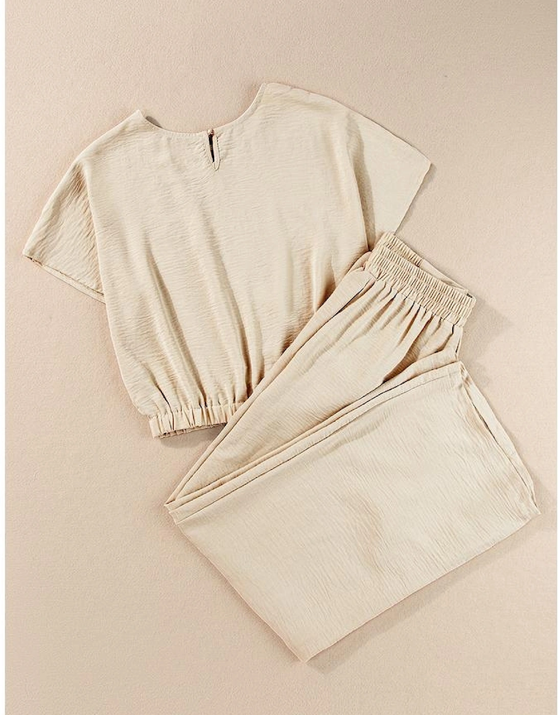 Beige Crinkled Elastic Hem Crop Tee and Wide Leg Pants Set
