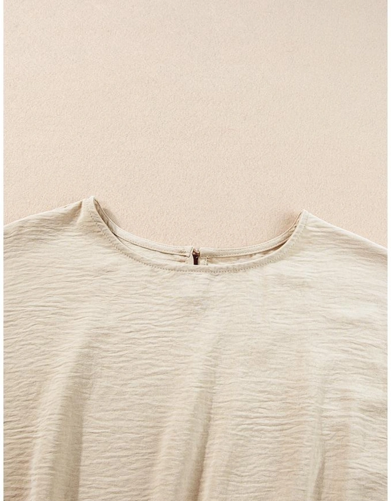 Beige Crinkled Elastic Hem Crop Tee and Wide Leg Pants Set