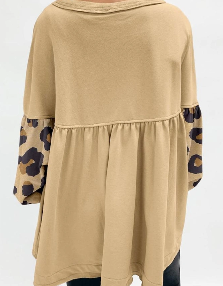 Khaki Leopard Splicing Sleeve Ruffle Loose Sweatshirt