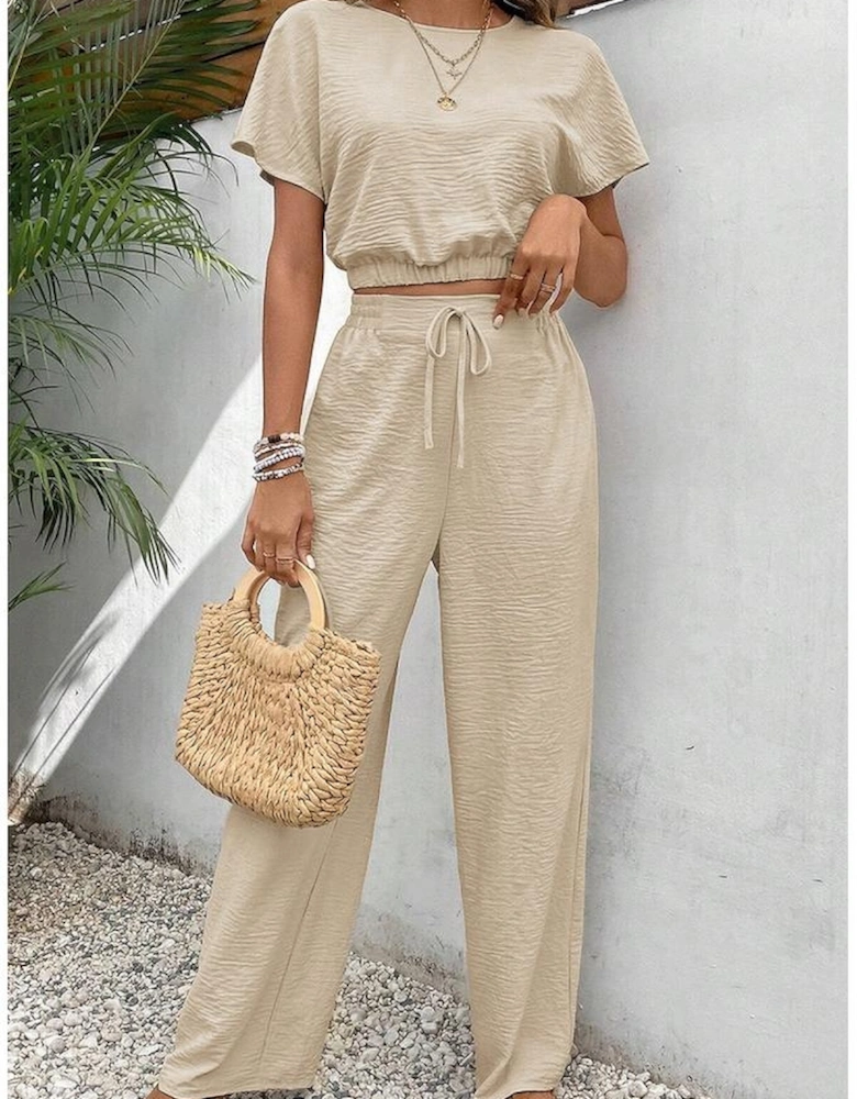 Beige Crinkled Elastic Hem Crop Tee and Wide Leg Pants Set