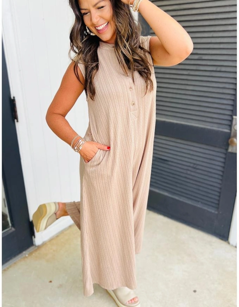 Smoke Gray Textured Buttoned Wide Leg Sleeveless Jumpsuit