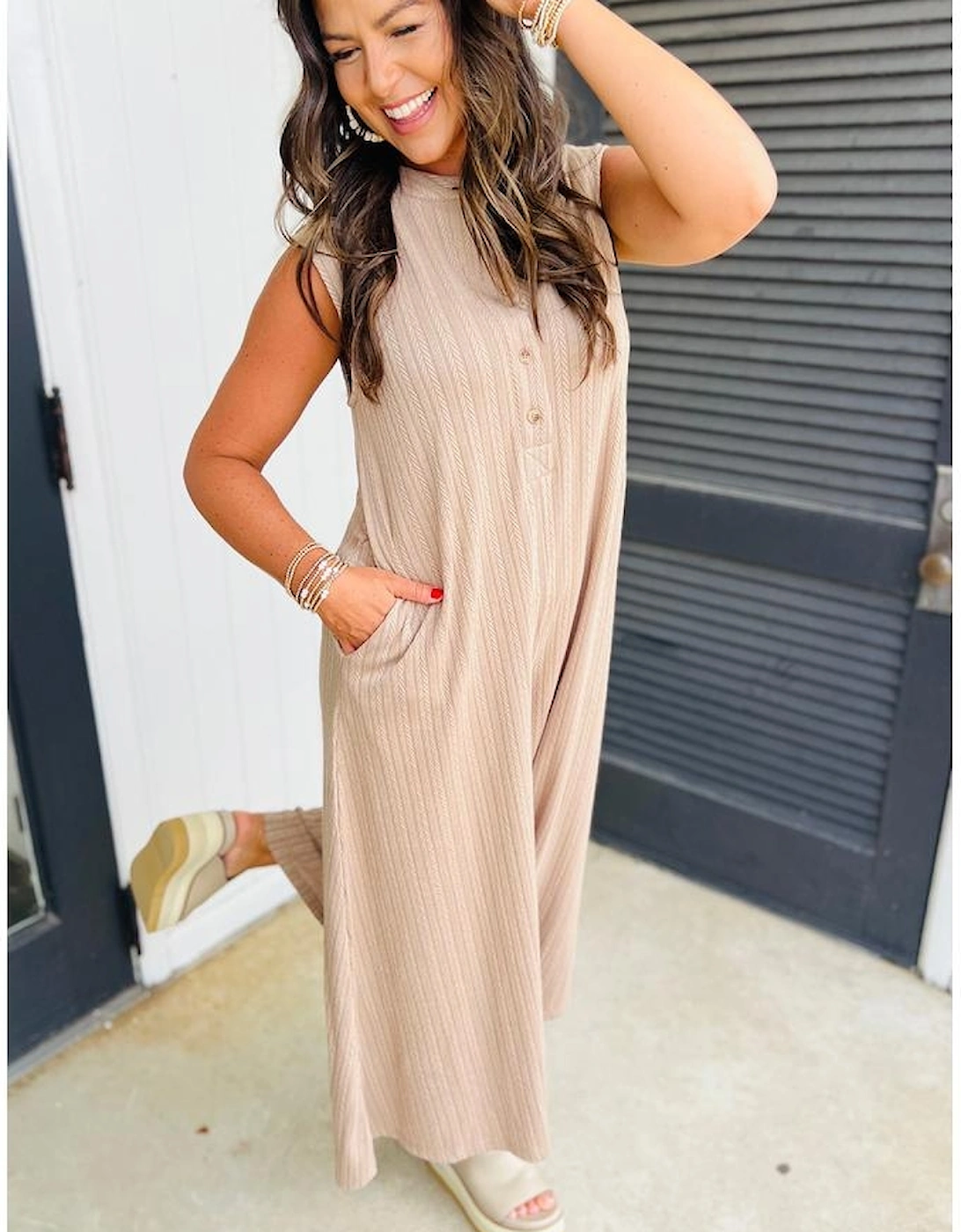 Smoke Gray Textured Buttoned Wide Leg Sleeveless Jumpsuit