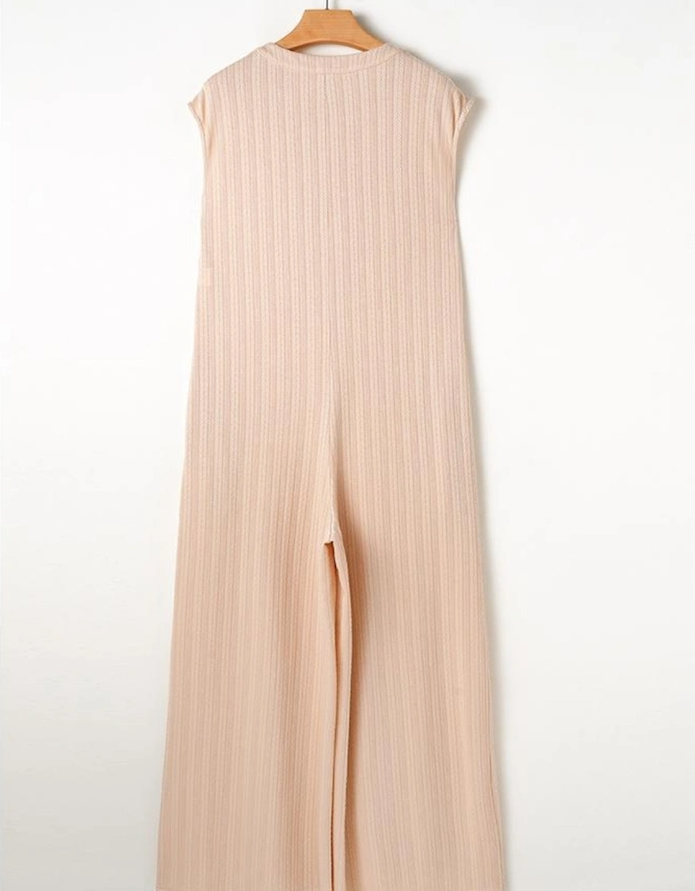 Smoke Gray Textured Buttoned Wide Leg Sleeveless Jumpsuit