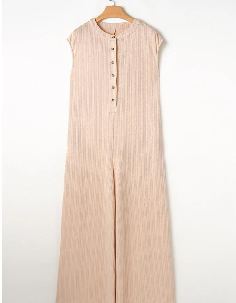 Smoke Gray Textured Buttoned Wide Leg Sleeveless Jumpsuit