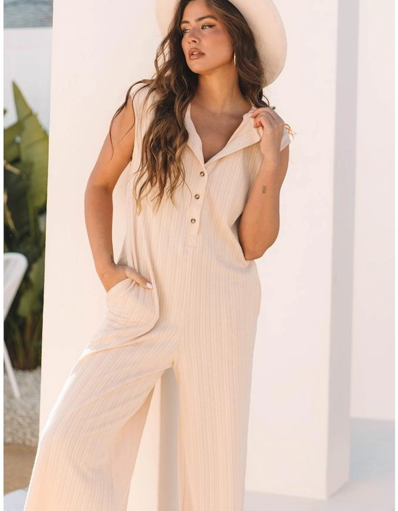 Smoke Gray Textured Buttoned Wide Leg Sleeveless Jumpsuit