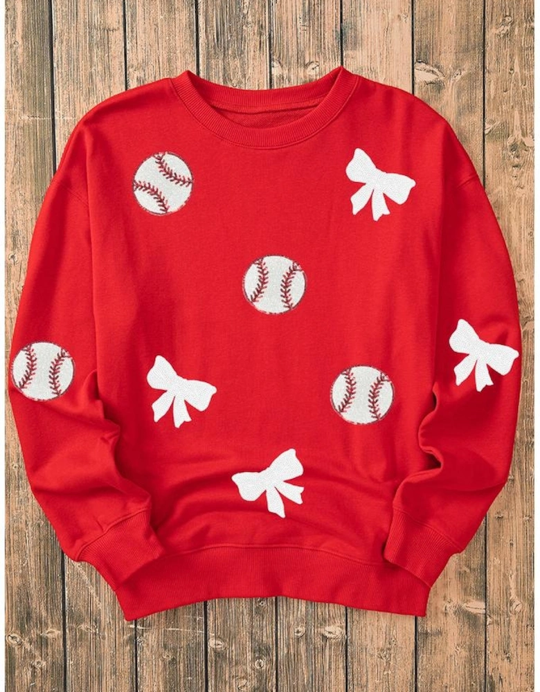 Red Sequin Baseball Bow Patched Pattern Game Day Pullover Sweatshirt