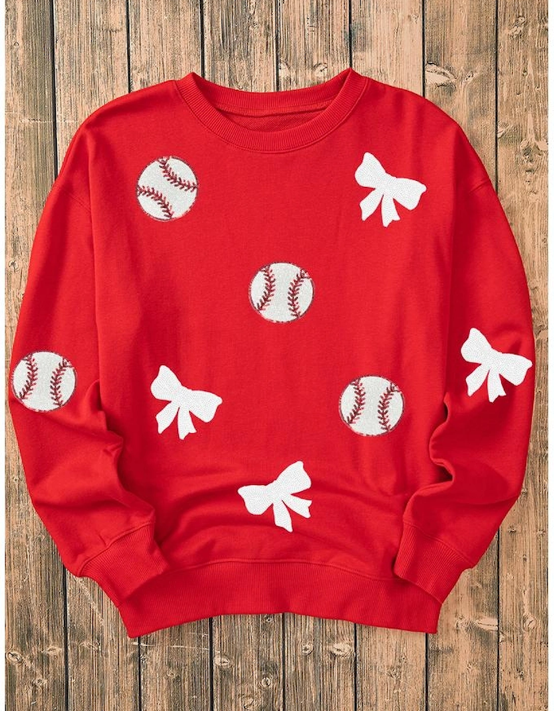 Red Sequin Baseball Bow Patched Pattern Game Day Pullover Sweatshirt, 7 of 6