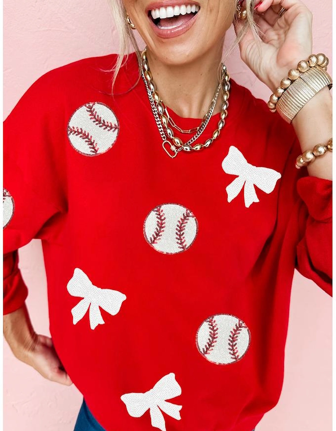 Red Sequin Baseball Bow Patched Pattern Game Day Pullover Sweatshirt