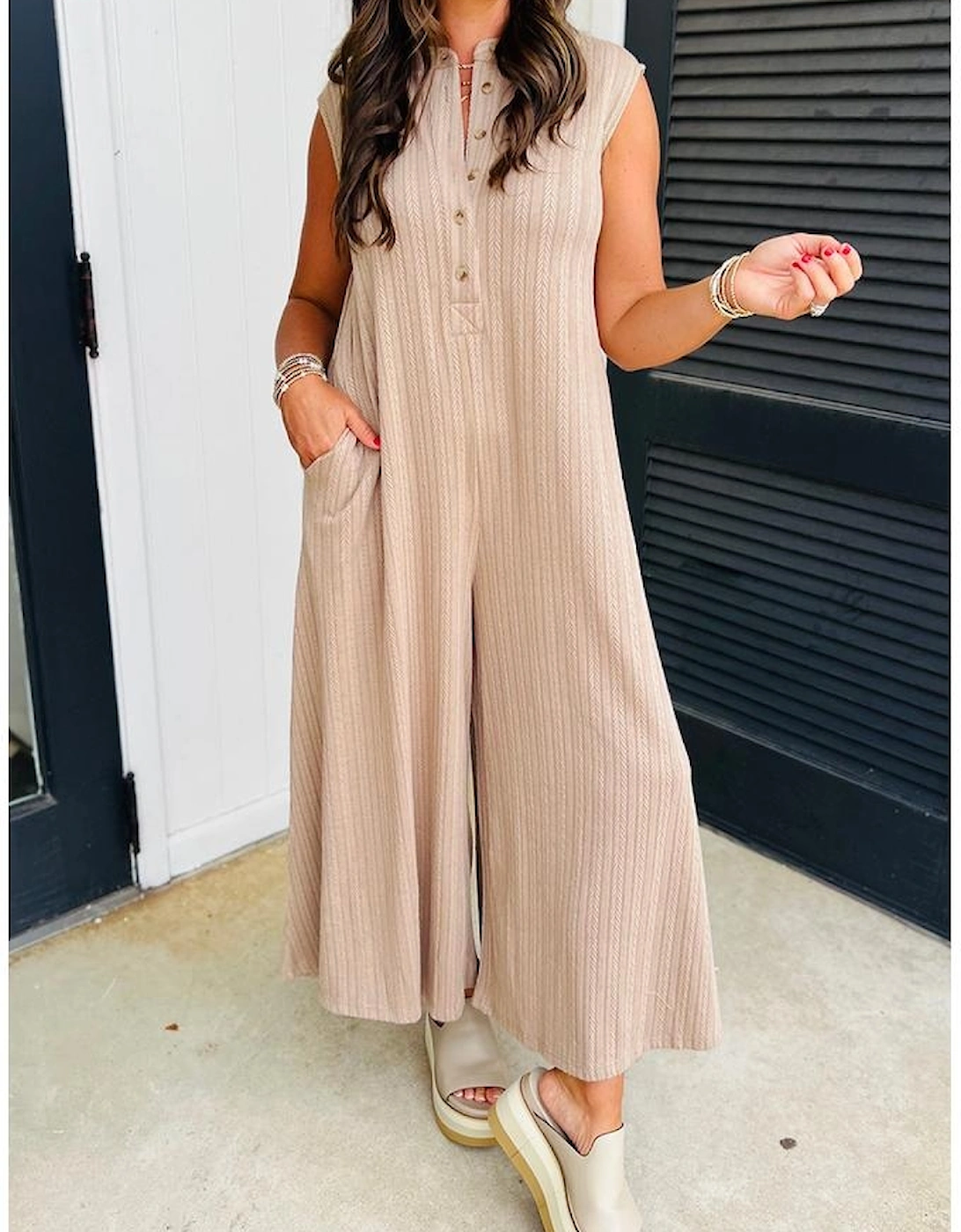 Smoke Gray Textured Buttoned Wide Leg Sleeveless Jumpsuit, 12 of 11