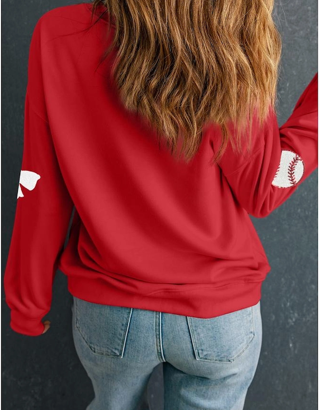 Red Sequin Baseball Bow Patched Pattern Game Day Pullover Sweatshirt