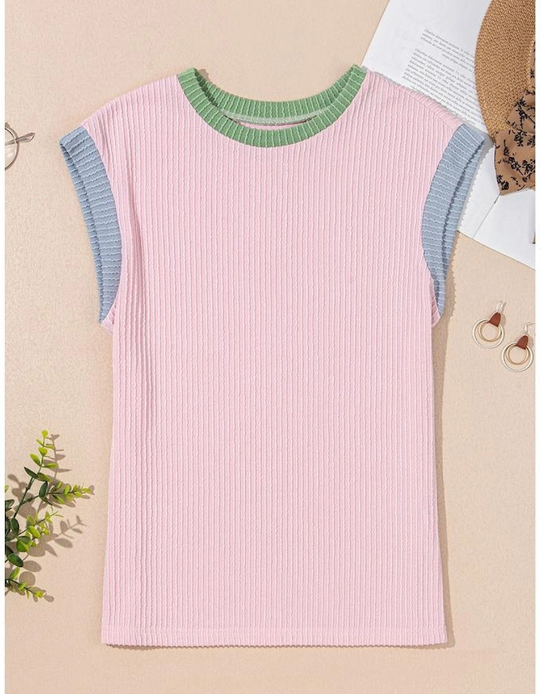 Pink Color Block Corded Knit Crew Neck Tee