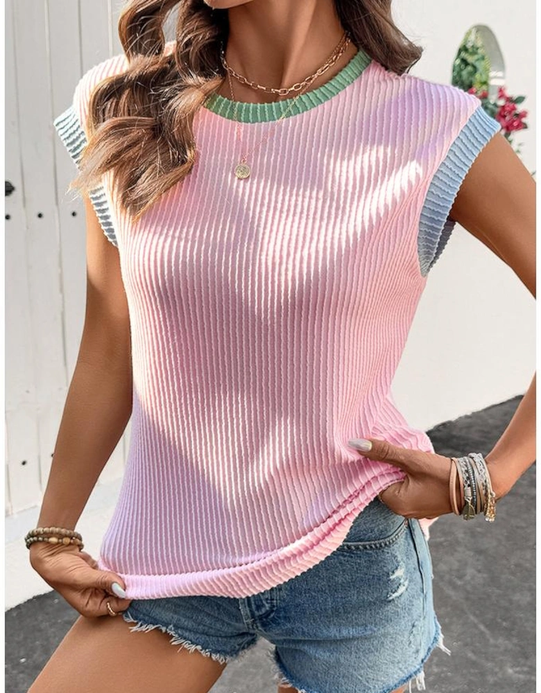 Pink Color Block Corded Knit Crew Neck Tee