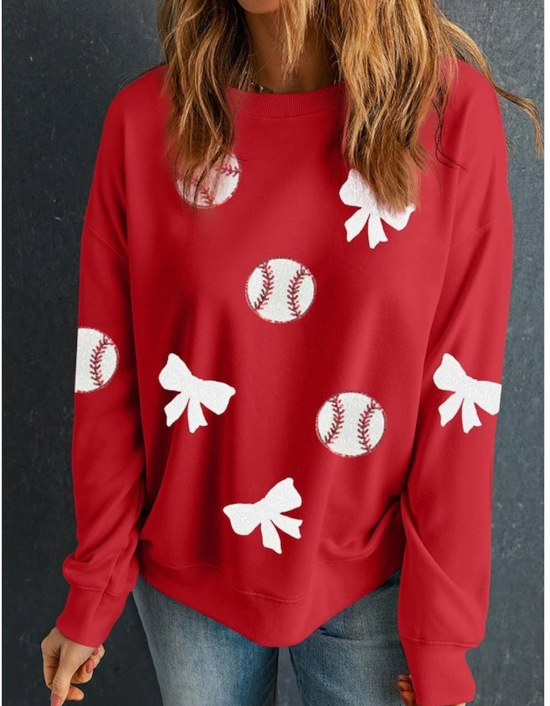 Red Sequin Baseball Bow Patched Pattern Game Day Pullover Sweatshirt