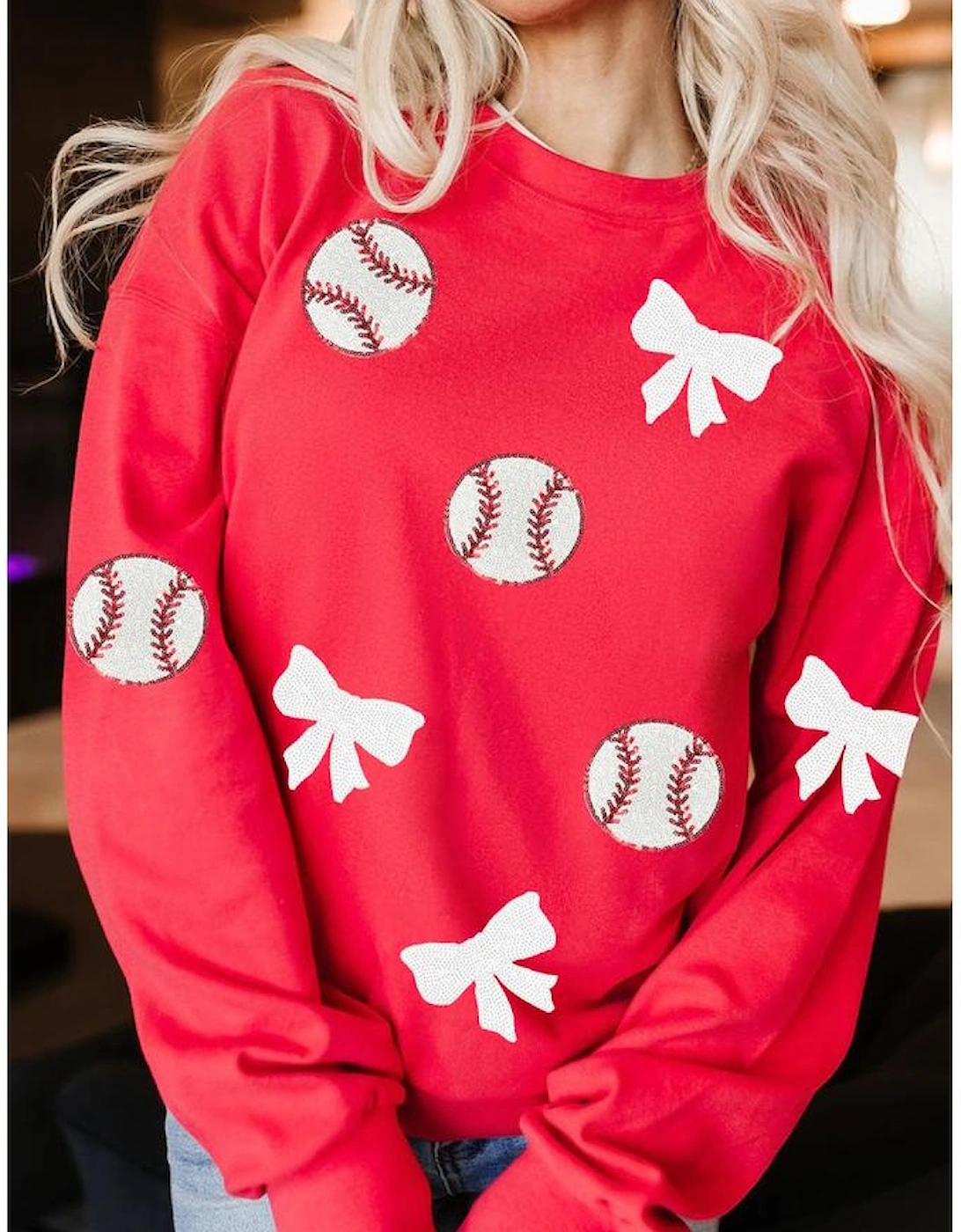 Red Sequin Baseball Bow Patched Pattern Game Day Pullover Sweatshirt