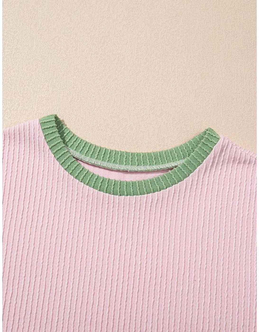 Pink Color Block Corded Knit Crew Neck Tee