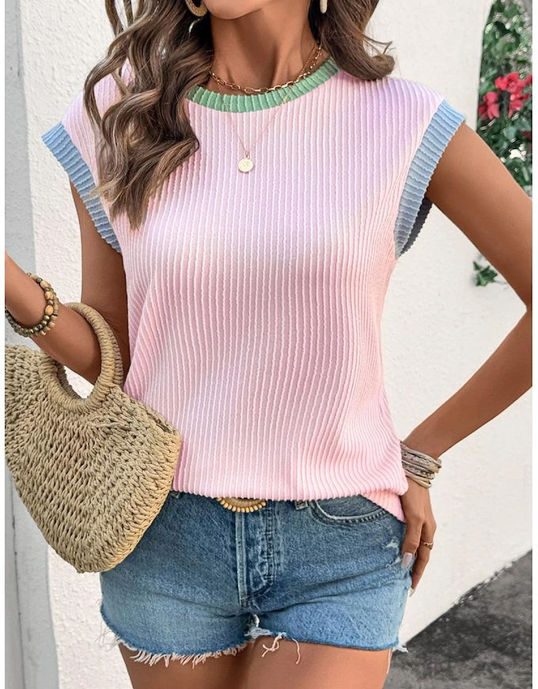 Pink Color Block Corded Knit Crew Neck Tee
