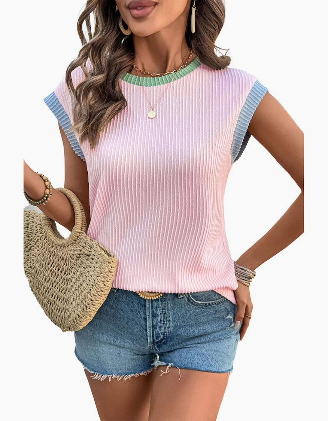 Pink Color Block Corded Knit Crew Neck Tee