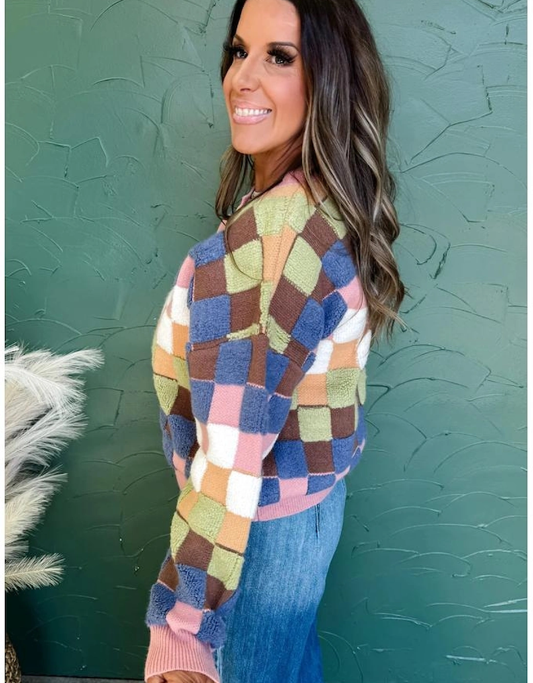 Multicolour Plush Checkered Pattern Button Front Cardigan Sweater