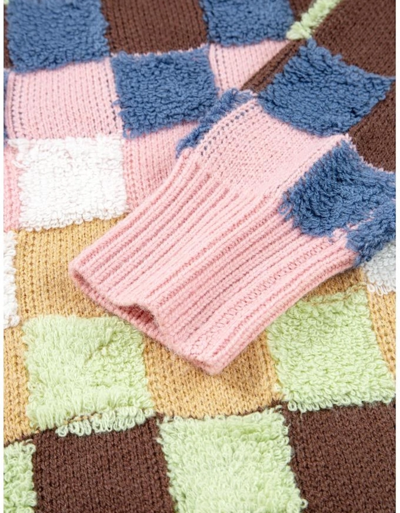 Multicolour Plush Checkered Pattern Button Front Cardigan Sweater