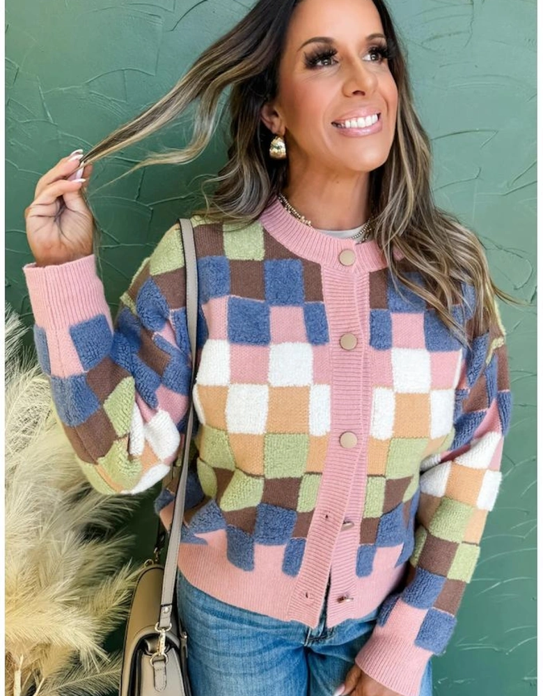 Multicolour Plush Checkered Pattern Button Front Cardigan Sweater