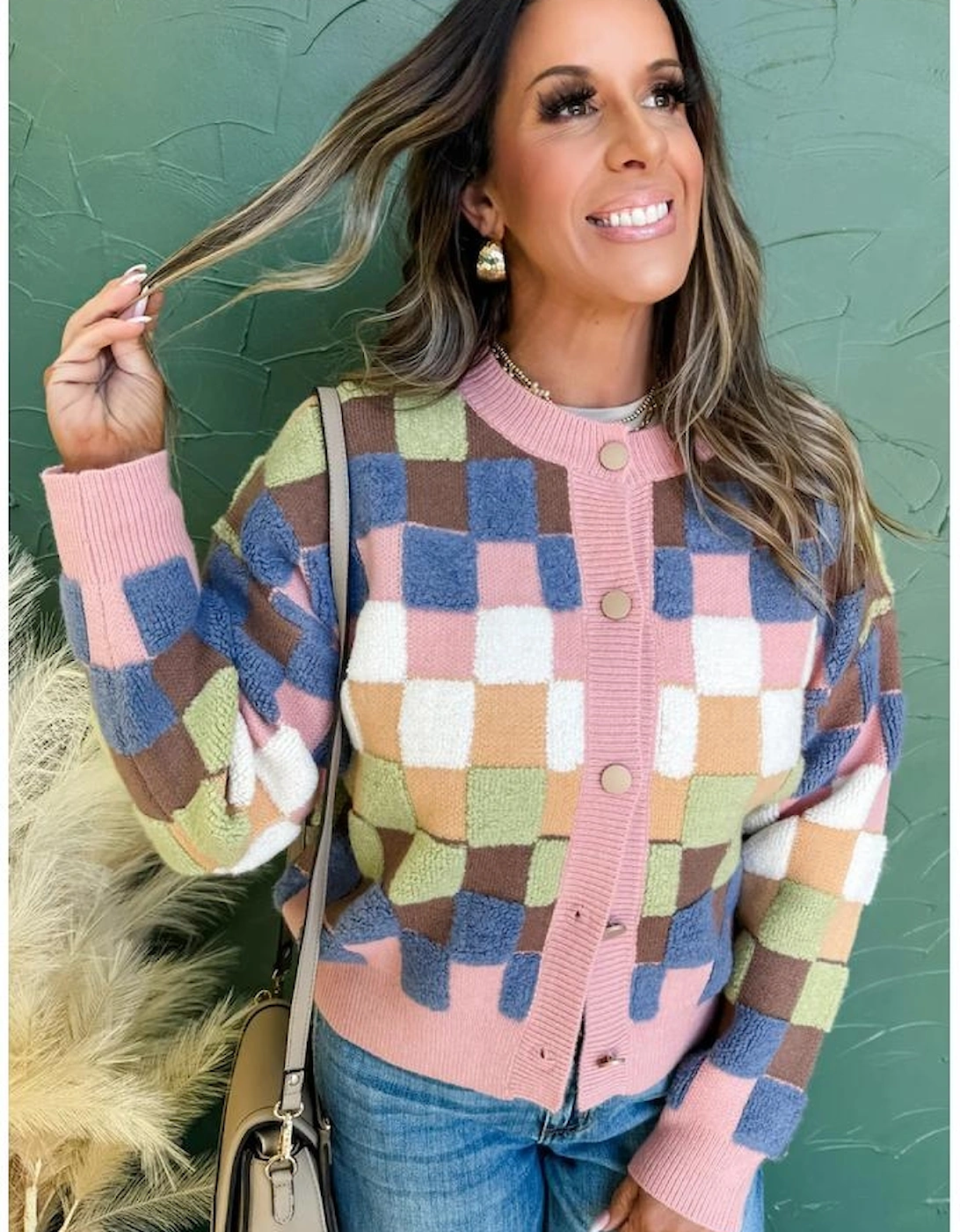 Multicolour Plush Checkered Pattern Button Front Cardigan Sweater
