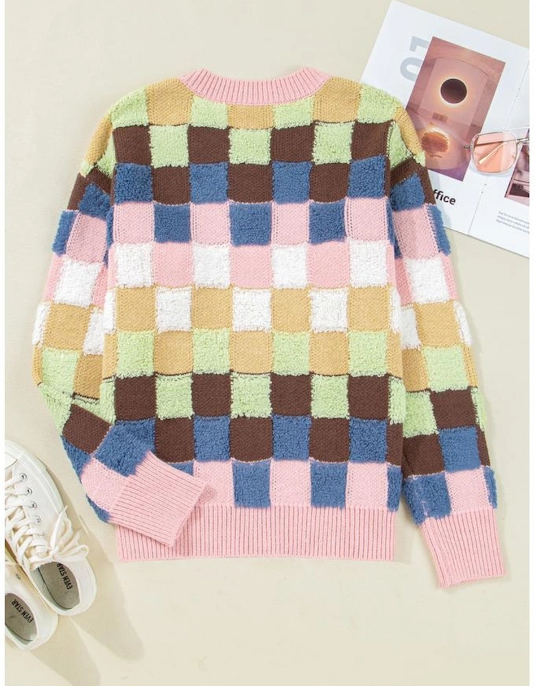Multicolour Plush Checkered Pattern Button Front Cardigan Sweater