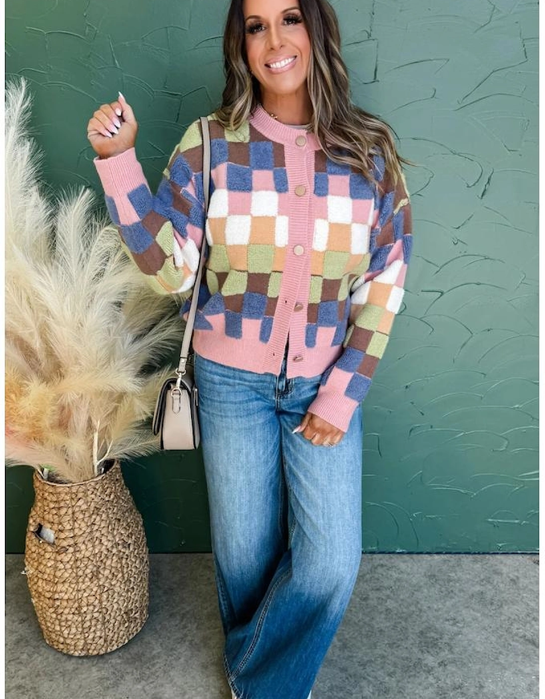 Multicolour Plush Checkered Pattern Button Front Cardigan Sweater