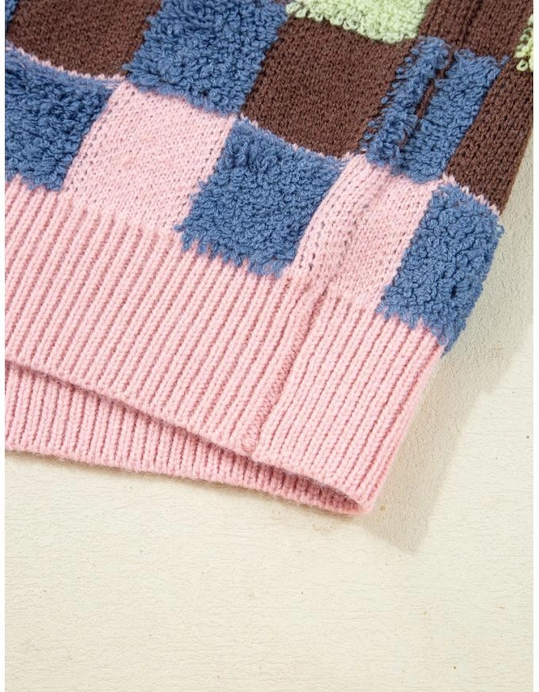 Multicolour Plush Checkered Pattern Button Front Cardigan Sweater