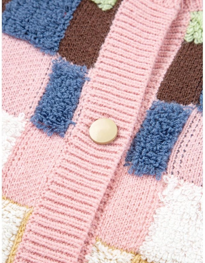 Multicolour Plush Checkered Pattern Button Front Cardigan Sweater