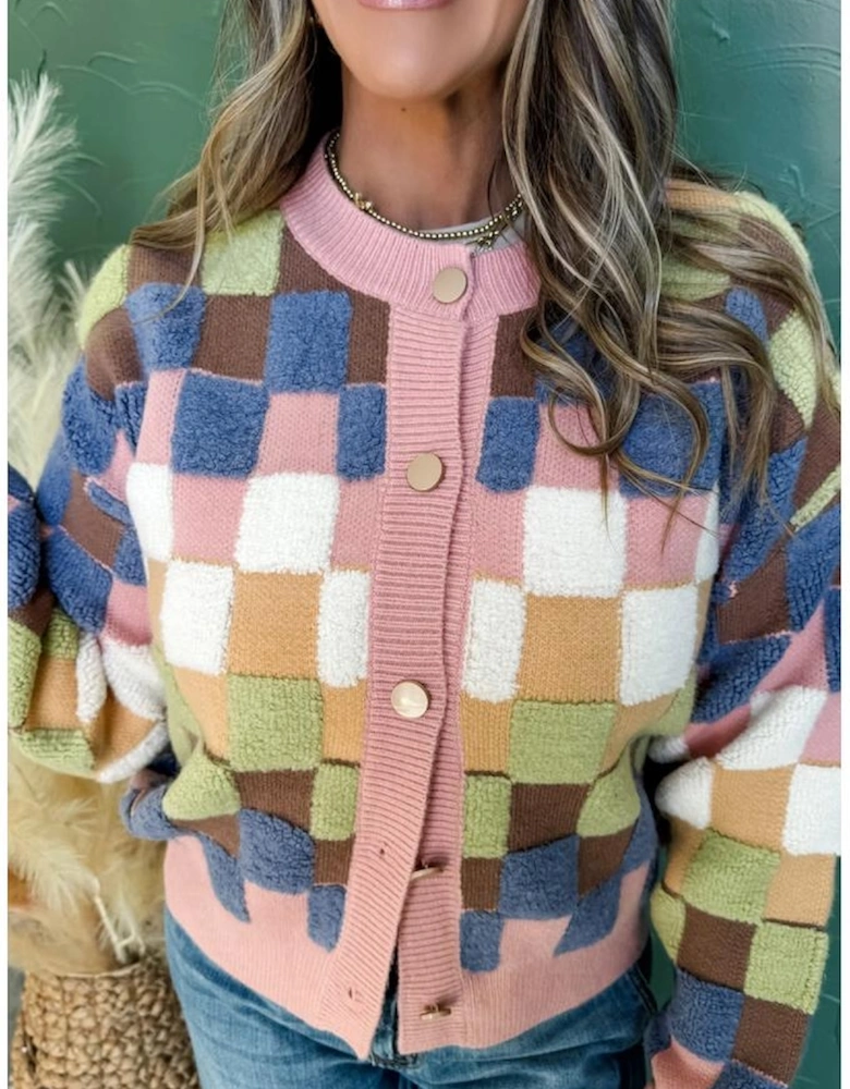 Multicolour Plush Checkered Pattern Button Front Cardigan Sweater