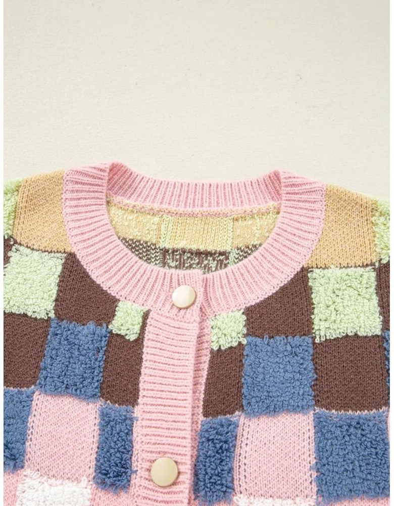 Multicolour Plush Checkered Pattern Button Front Cardigan Sweater