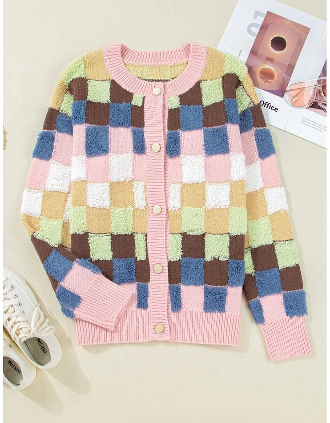 Multicolour Plush Checkered Pattern Button Front Cardigan Sweater