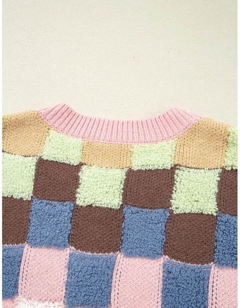 Multicolour Plush Checkered Pattern Button Front Cardigan Sweater