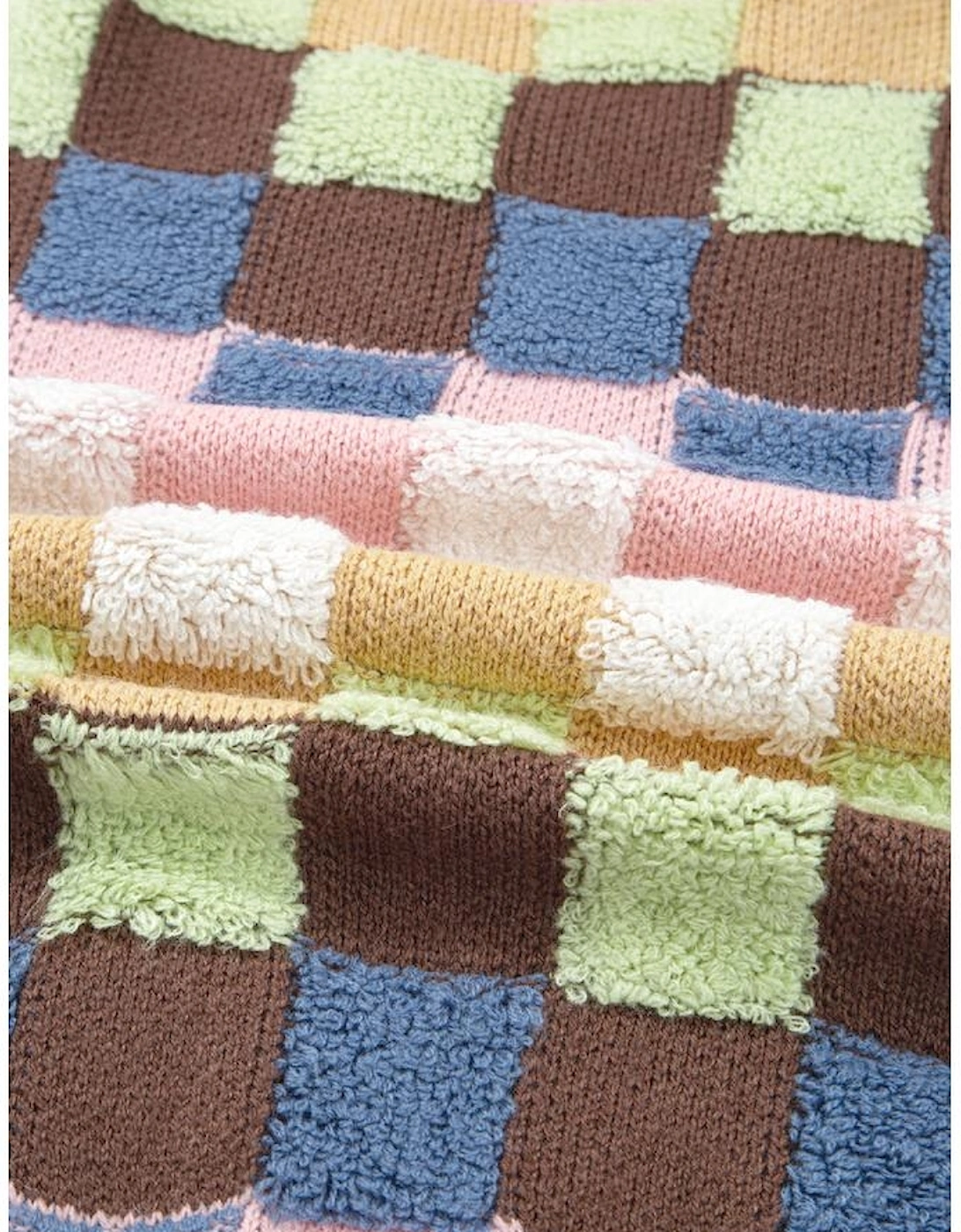 Multicolour Plush Checkered Pattern Button Front Cardigan Sweater