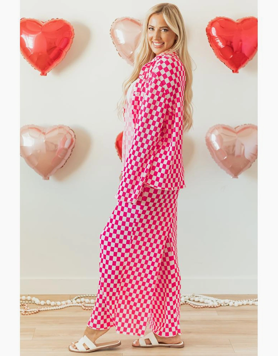 Pink Checkered Buttoned Shirt and High Waist Pants Pajama Set, 15 of 14