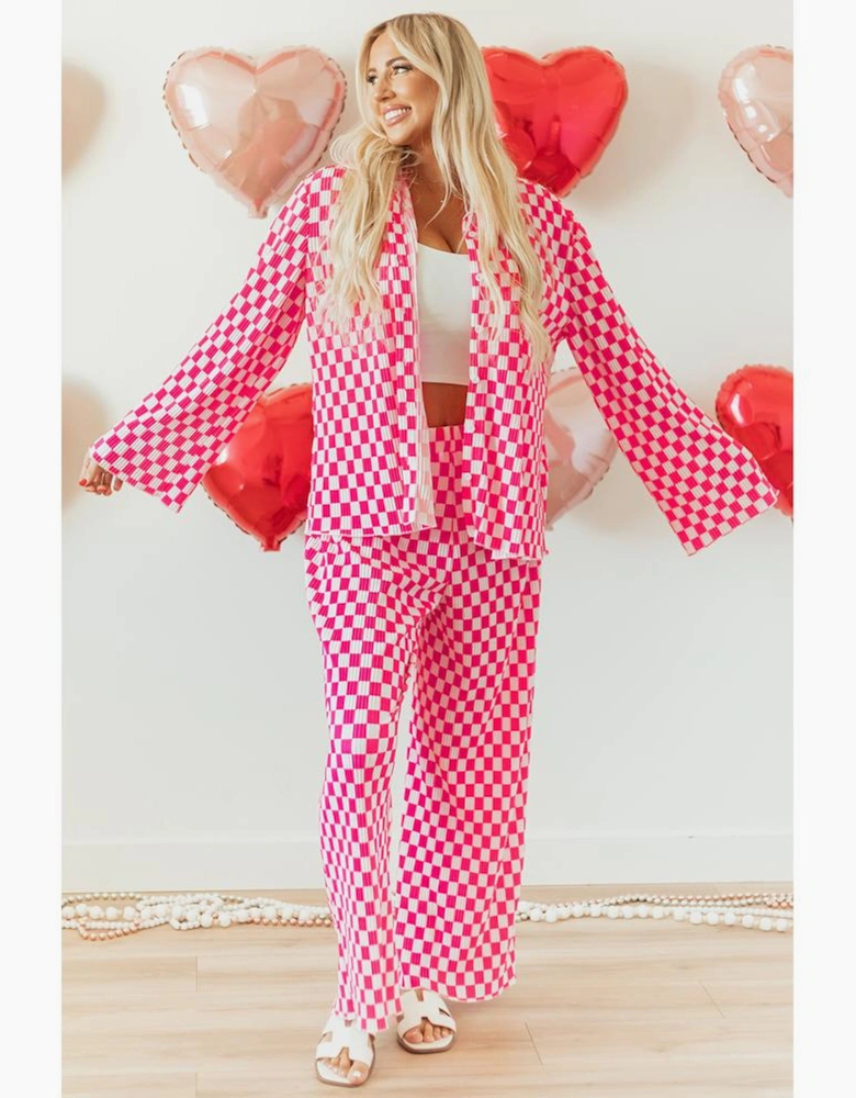 Pink Checkered Buttoned Shirt and High Waist Pants Pajama Set