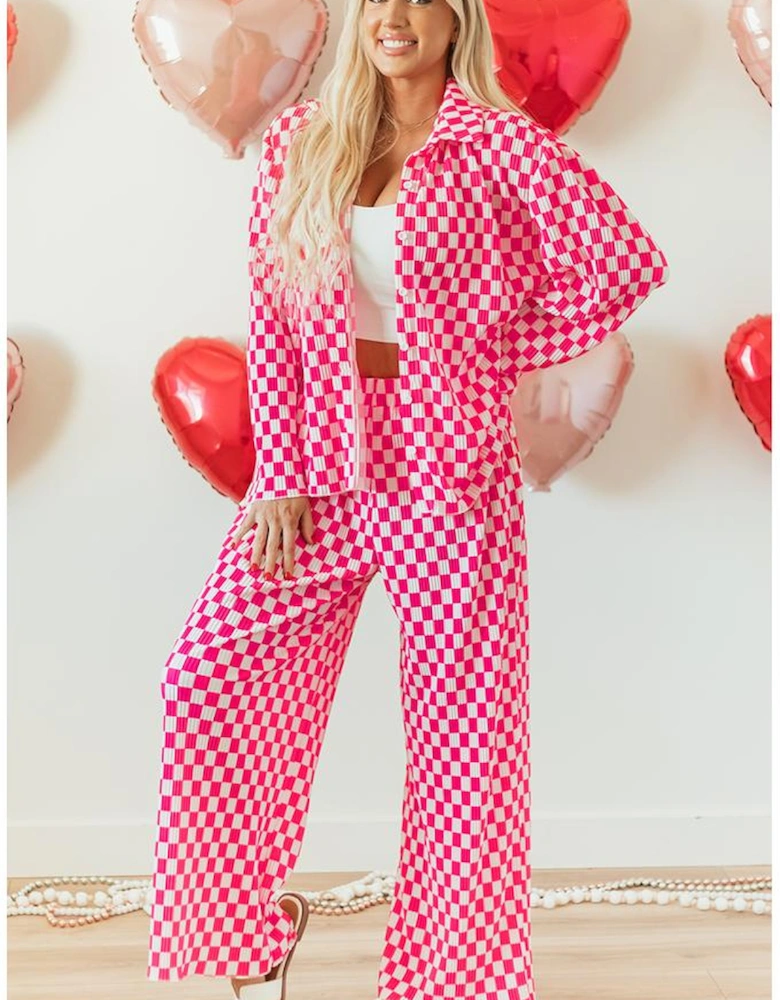 Pink Checkered Buttoned Shirt and High Waist Pants Pajama Set