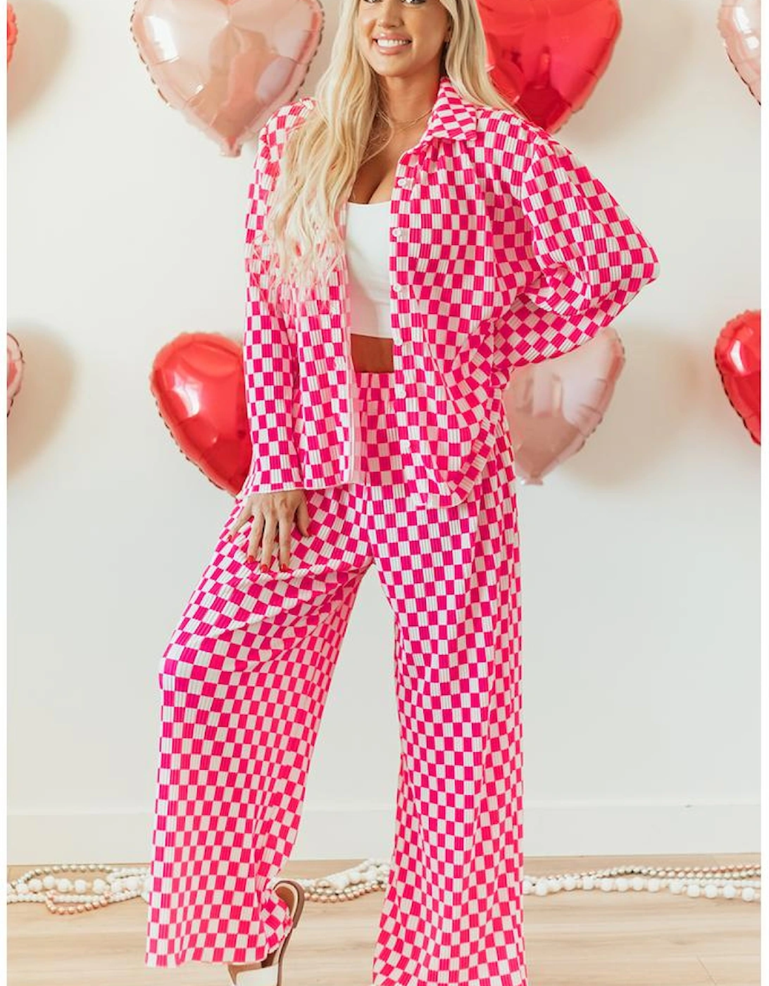 Pink Checkered Buttoned Shirt and High Waist Pants Pajama Set