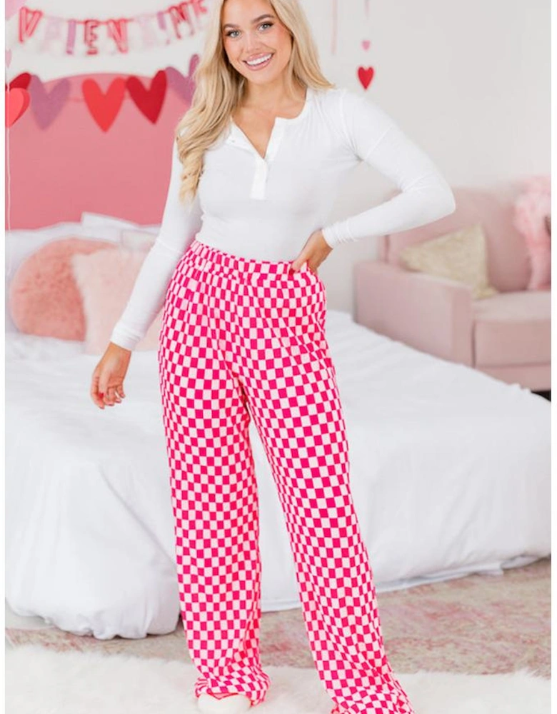 Pink Checkered Buttoned Shirt and High Waist Pants Pajama Set