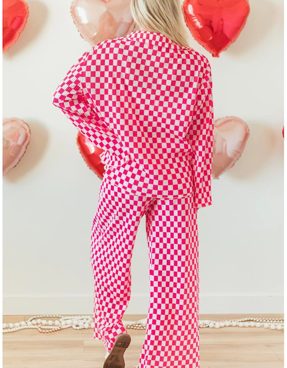 Pink Checkered Buttoned Shirt and High Waist Pants Pajama Set