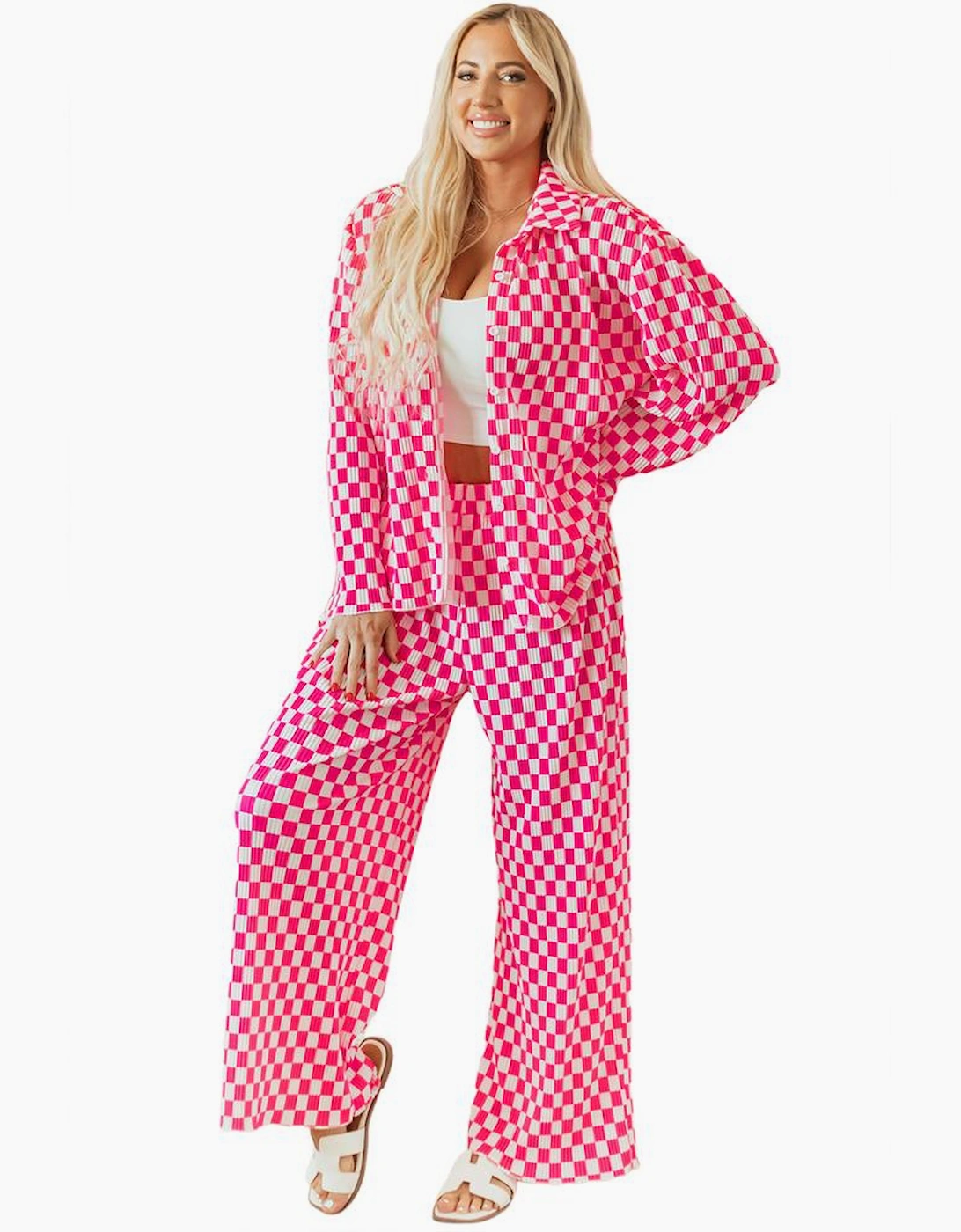 Pink Checkered Buttoned Shirt and High Waist Pants Pajama Set
