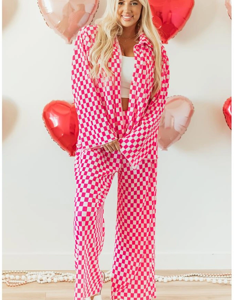 Pink Checkered Buttoned Shirt and High Waist Pants Pajama Set