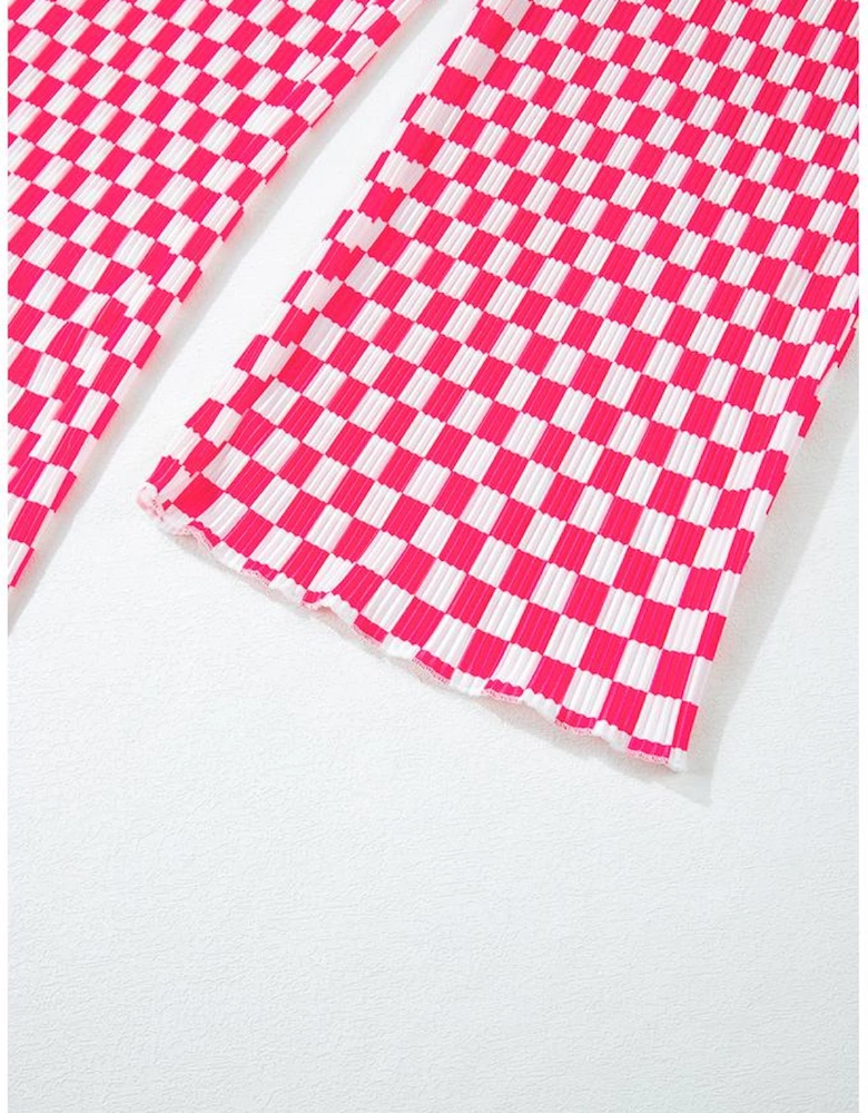 Pink Checkered Buttoned Shirt and High Waist Pants Pajama Set