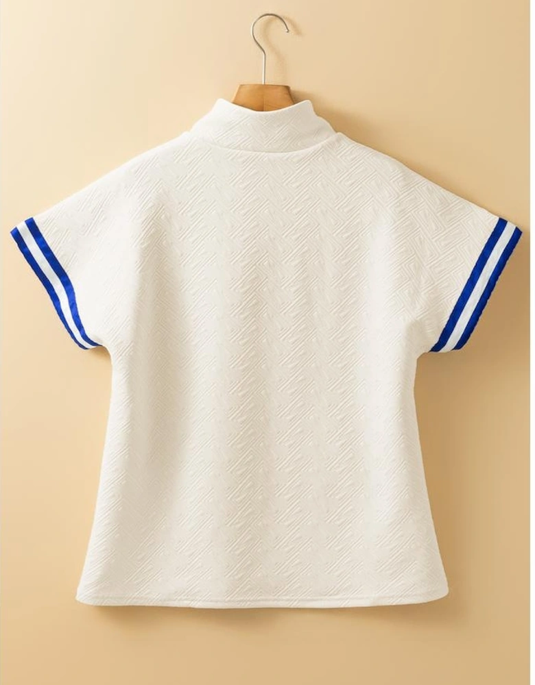 Beige Preppy Striped Trim Textured Quarter Zipper Colorblock Short Sleeve Top