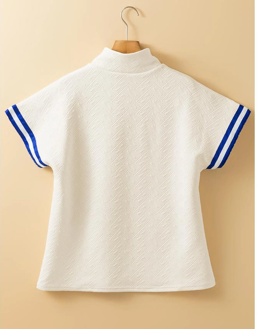 Beige Preppy Striped Trim Textured Quarter Zipper Colorblock Short Sleeve Top