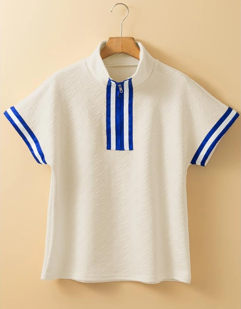 Beige Preppy Striped Trim Textured Quarter Zipper Colorblock Short Sleeve Top
